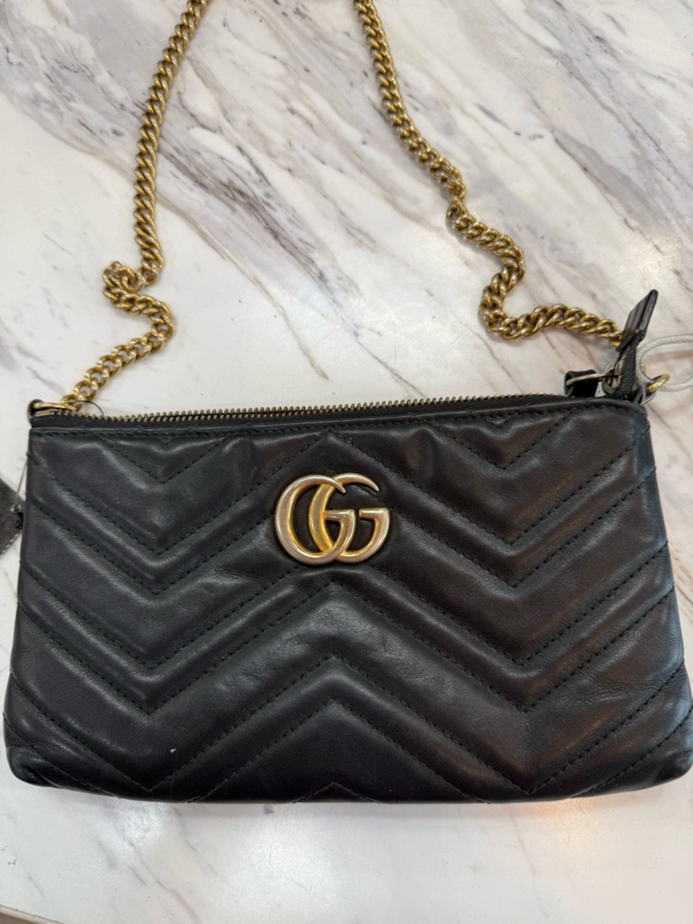 Gucci Black Chevron Quilted Leather Crossbody with Gold Hardware